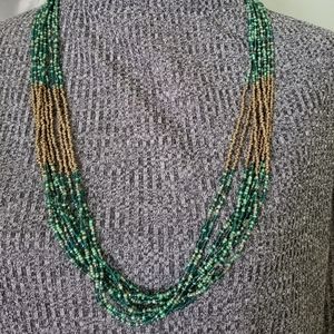 Gold and turquoise green seed bead necklave